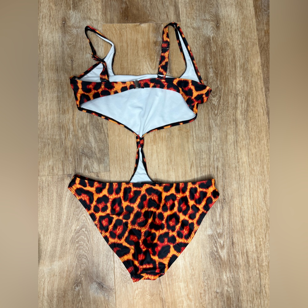 Missguided leopard one piece cut out swimsuit. Bright orange leopard print. - Picture 3 of 5